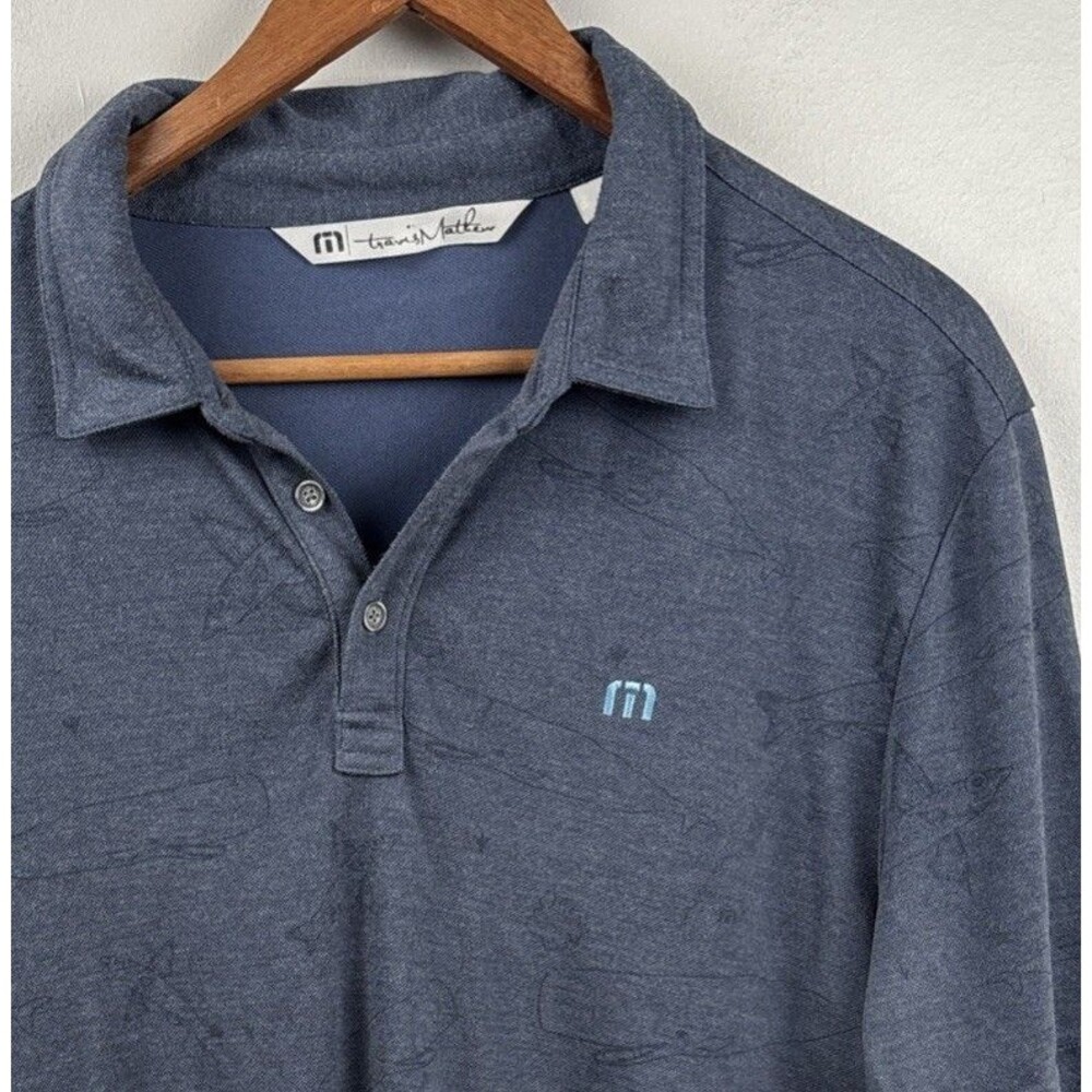 Travis Mathew Polo Shirt Mens Large • Dusty Blue Stretch Fish AOP Lightweight